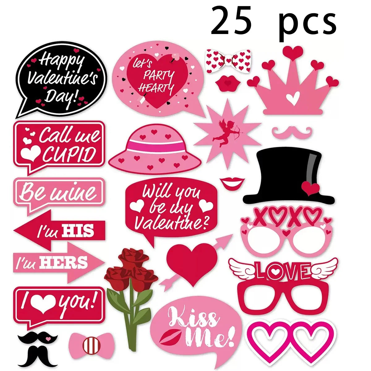 Valentine's Day Photo Props 25-Piece Set | Party Decorations Photo Booth Props Qme 25 Pieces