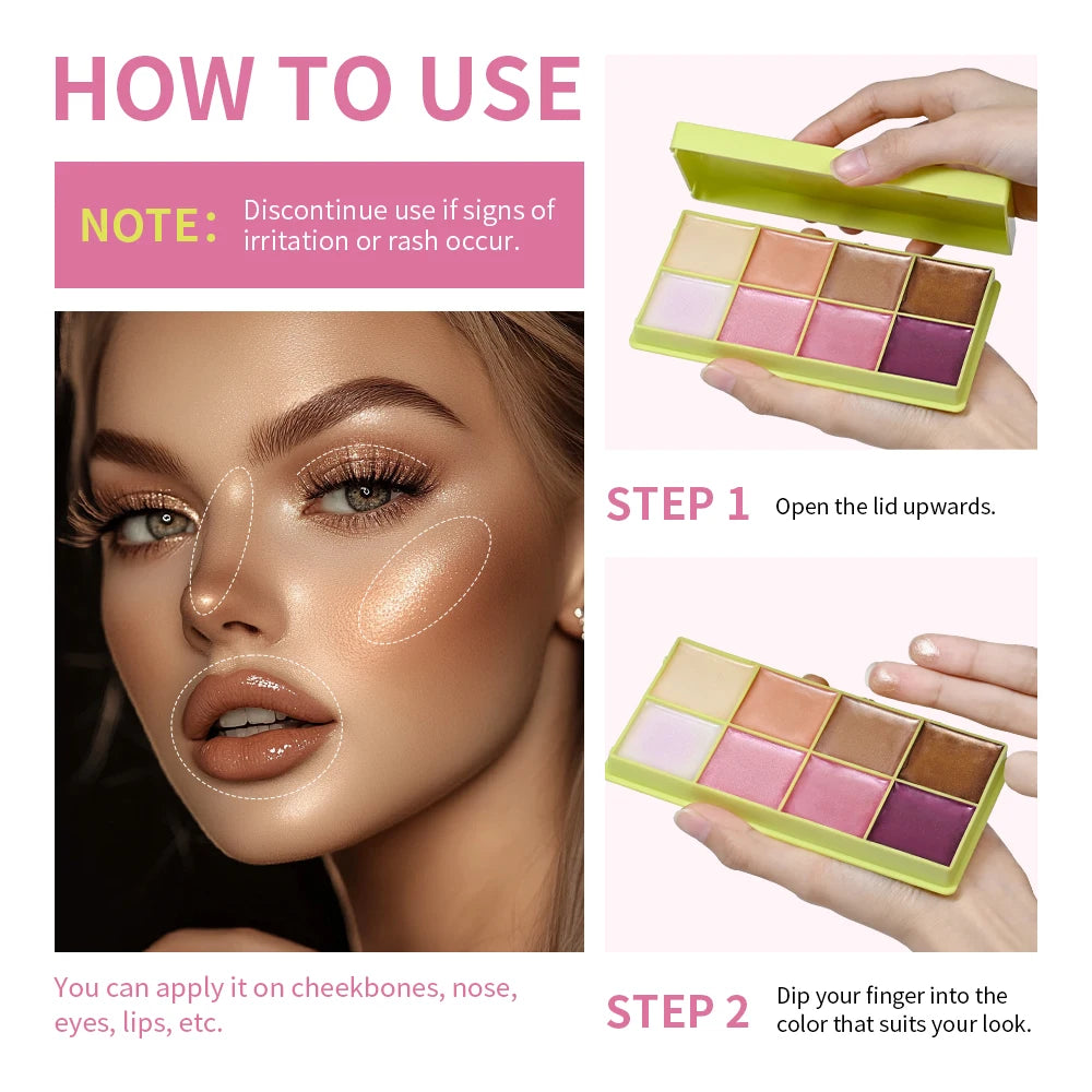 8-Color Cream Highlighter Palette – Blush, Contour & Glow Highlighter Palette Qst