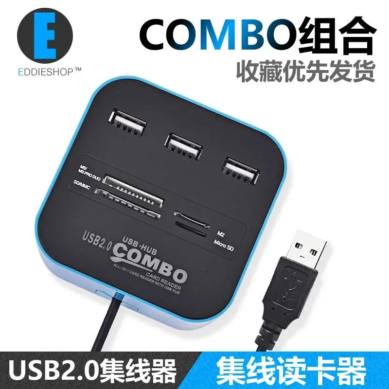 USB 2.0 Hub 3-Port with Card Reader Mini Combo Splitter USB Hub & Card Reader Qme