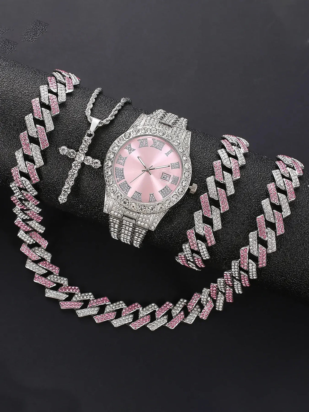 Silver Plated Diamond Women's Quartz Watch & Jewelry Multipack Fashion Watch Set Qme Pink