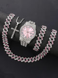 Silver Plated Diamond Women's Quartz Watch & Jewelry Multipack Fashion Watch Set Qme Pink