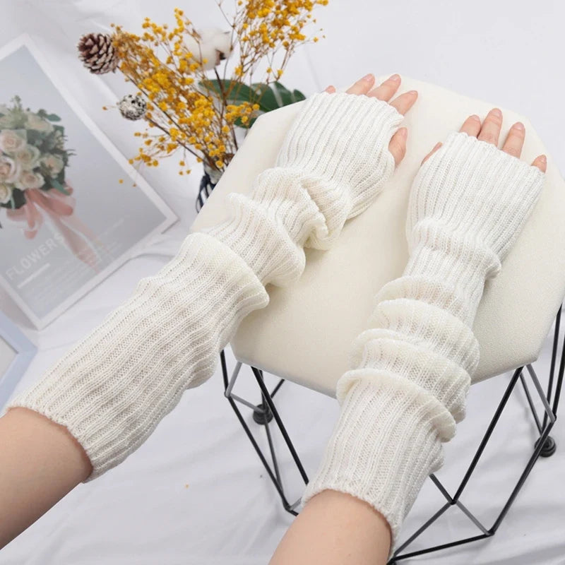 Women Long Fingerless Gloves Lolita Kawaii Knit Arm Warmers Fingerless Arm Warmers Qme WHITE length-52cm