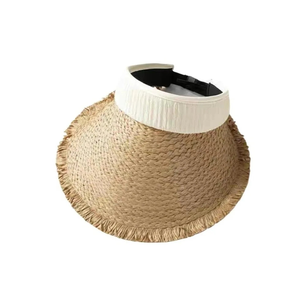 Woven Straw Visor Cap – Hollow Sun Hat for Big Heads Straw Visor Hat Qme Beige