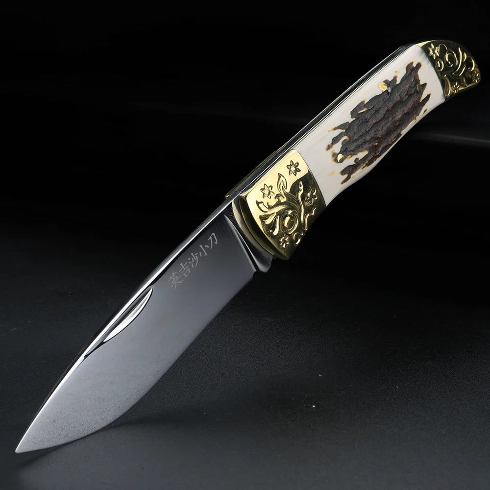 XUAN FENG Brass Deer Antler Folding Knife – Mirror Polished Folding Pocket Knife Qst