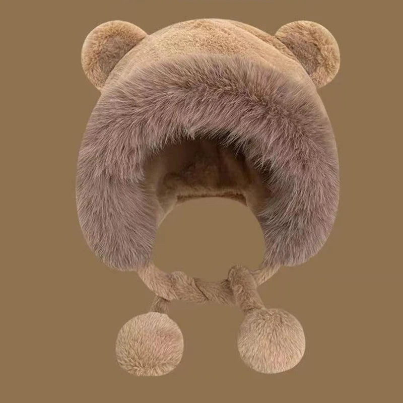 Women's Winter Plush Bear Ear Bucket Hat – Fluffy & Warm Winter Plush Hat Qst Khaki