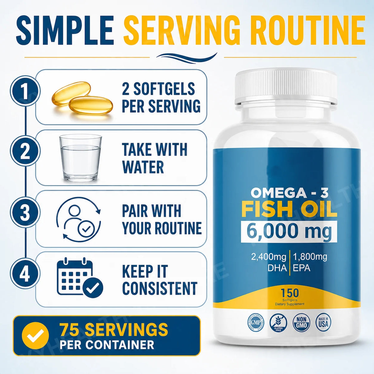 Omega-3 Fish Oil 6000mg Softgels | 2400mg DHA 1800mg EPA | 150ct Omega-3 Supplement Qst