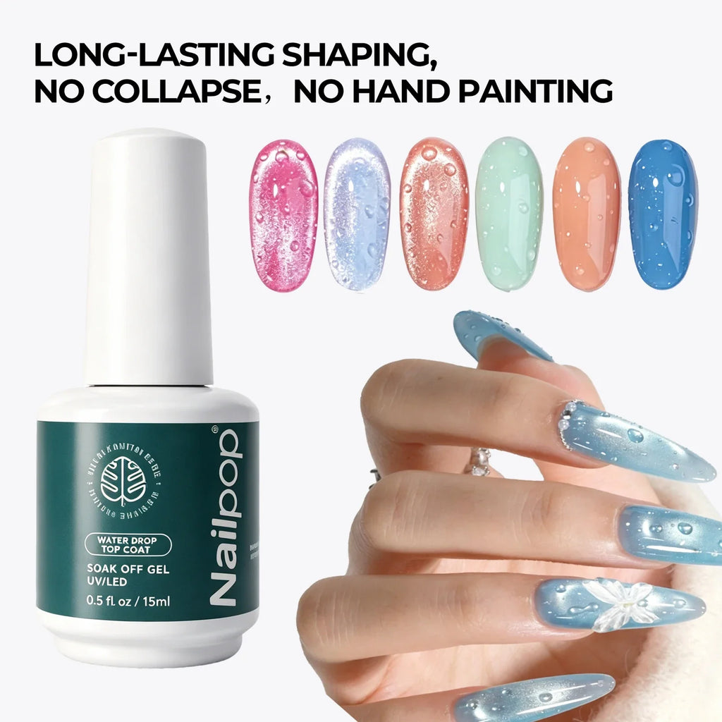 Nailpop 3D Water Drop No-Wipe Gel Top Coat 15ml – Fast Cure Gel Nail Top Coat Qme