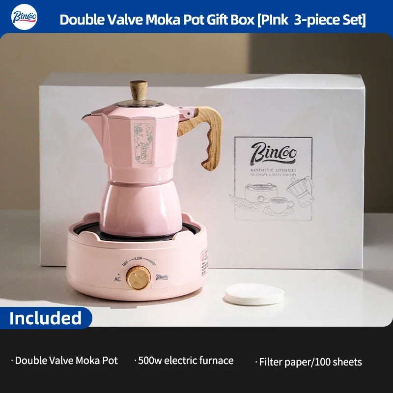 BINCOO Dual Valve Moka Pot Gift Box – Espresso Coffee Maker Moka Pot Qst white 3pcs set