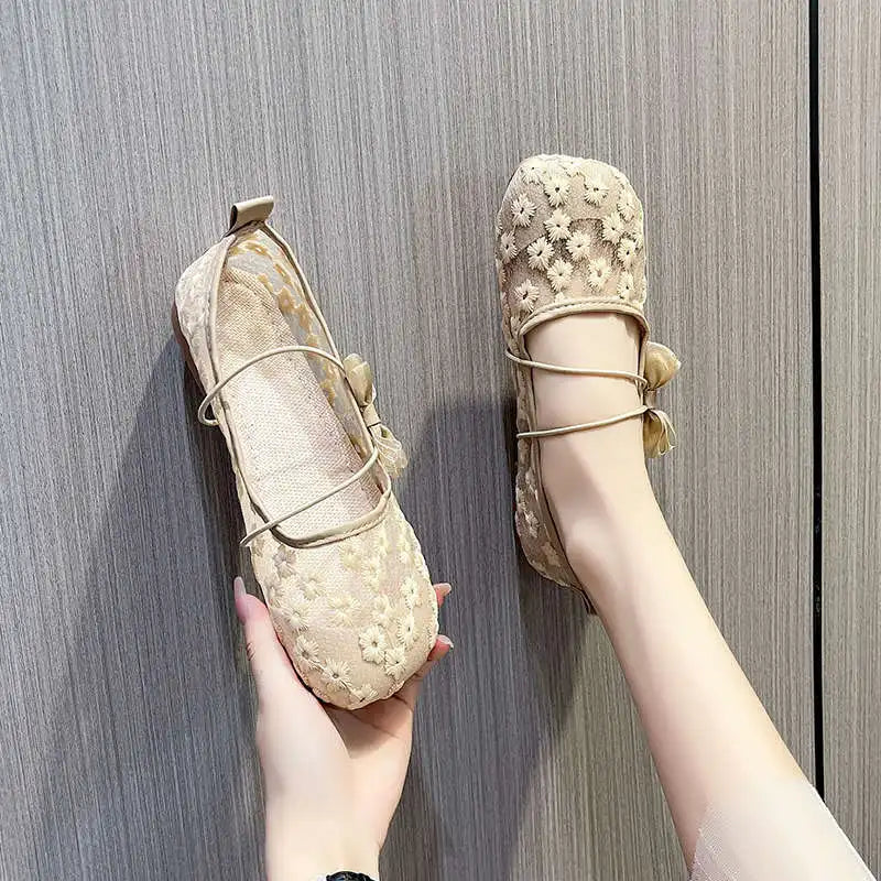 Women's Lace Embroidered Mesh Mary Jane Flats | Slip-On Loafers Women's Flat Loafers Qst