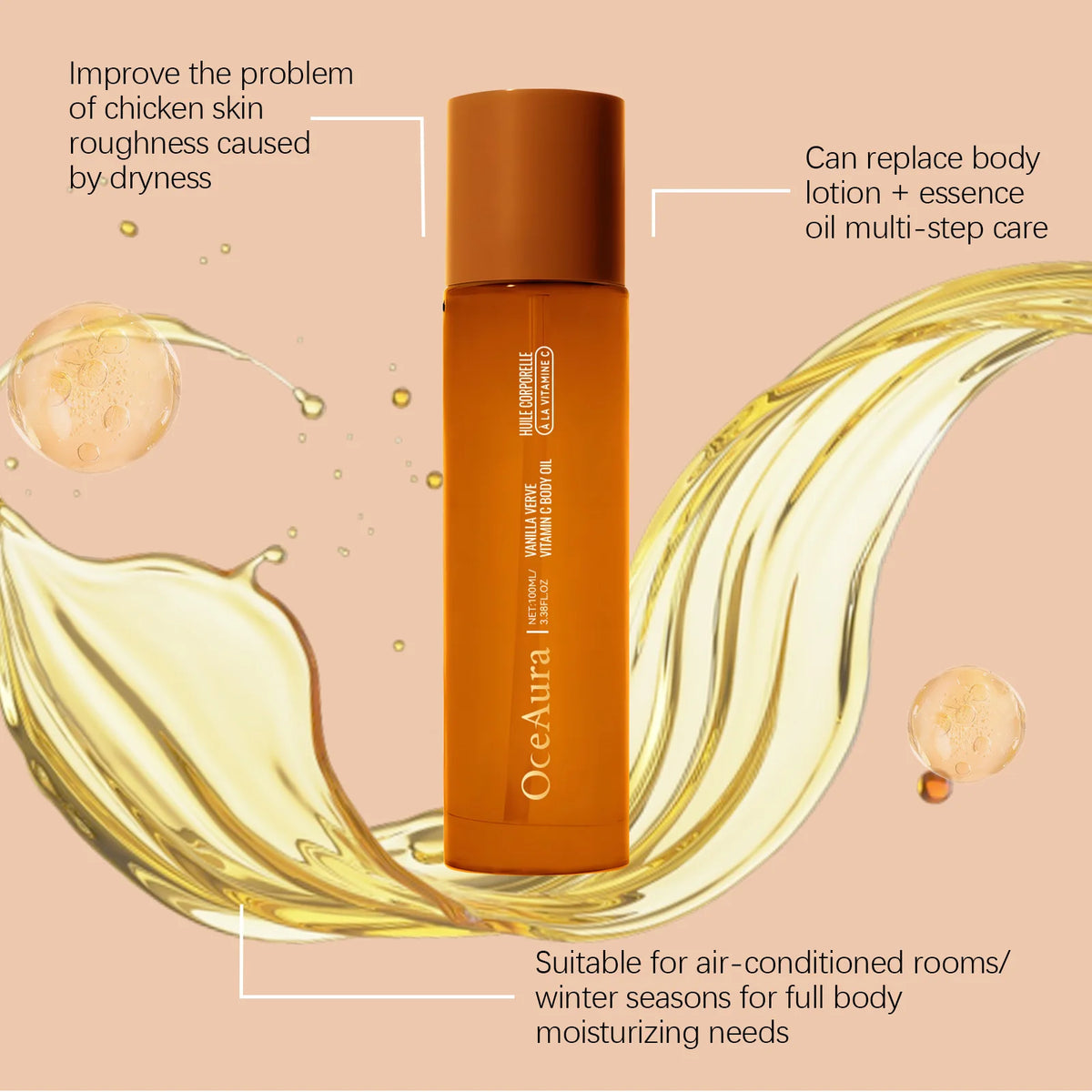 OceAura Vitamin C Body Oil 100ml – Deep Moisturizing Glow Body Essence Oil Qst