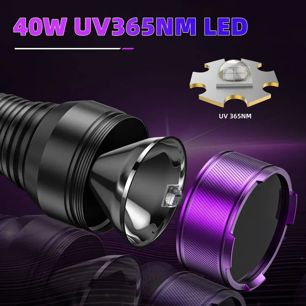 365nm UV Blacklight Flashlight – 4-Core 40W Rechargeable Torch UV Blacklight Flashlight Qst