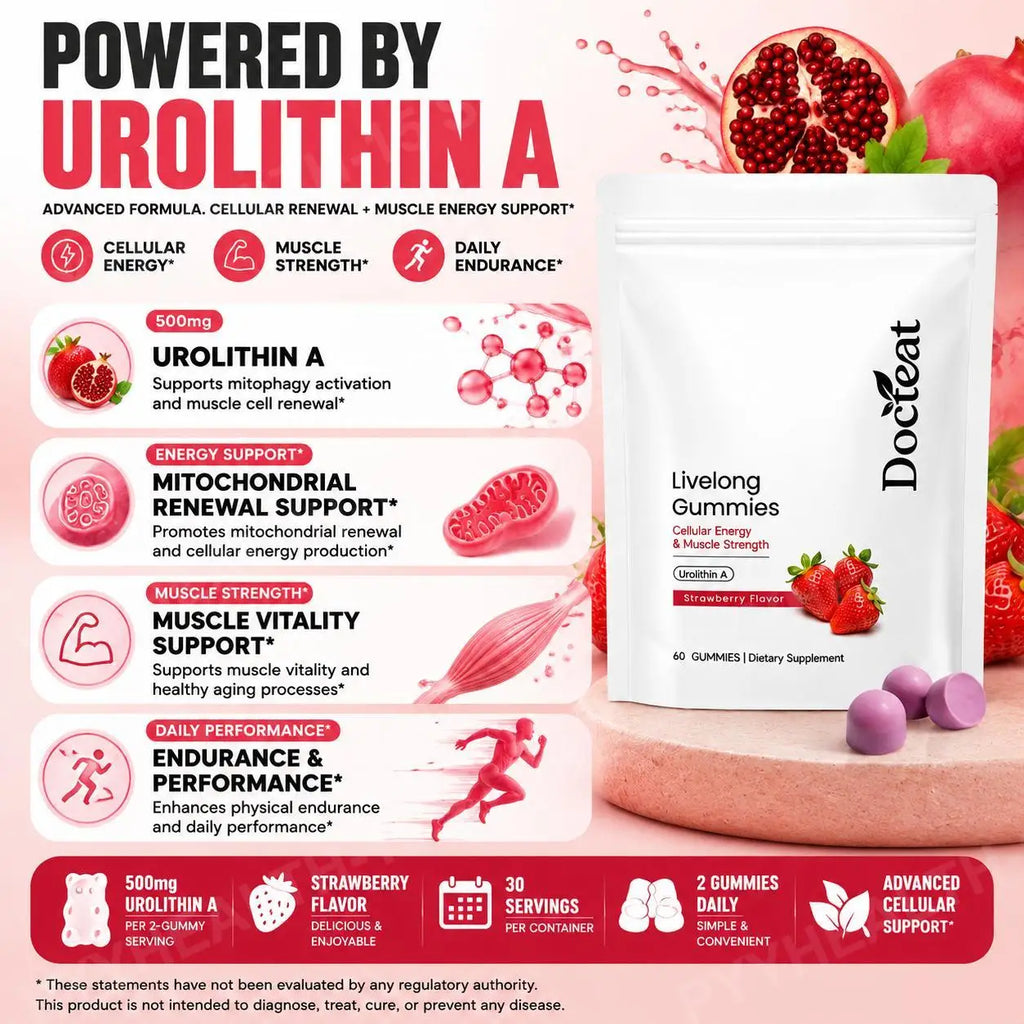 Docteat Urolithin A Gummies 500mg Strawberry – 60 Count Wellness Gummies Qst