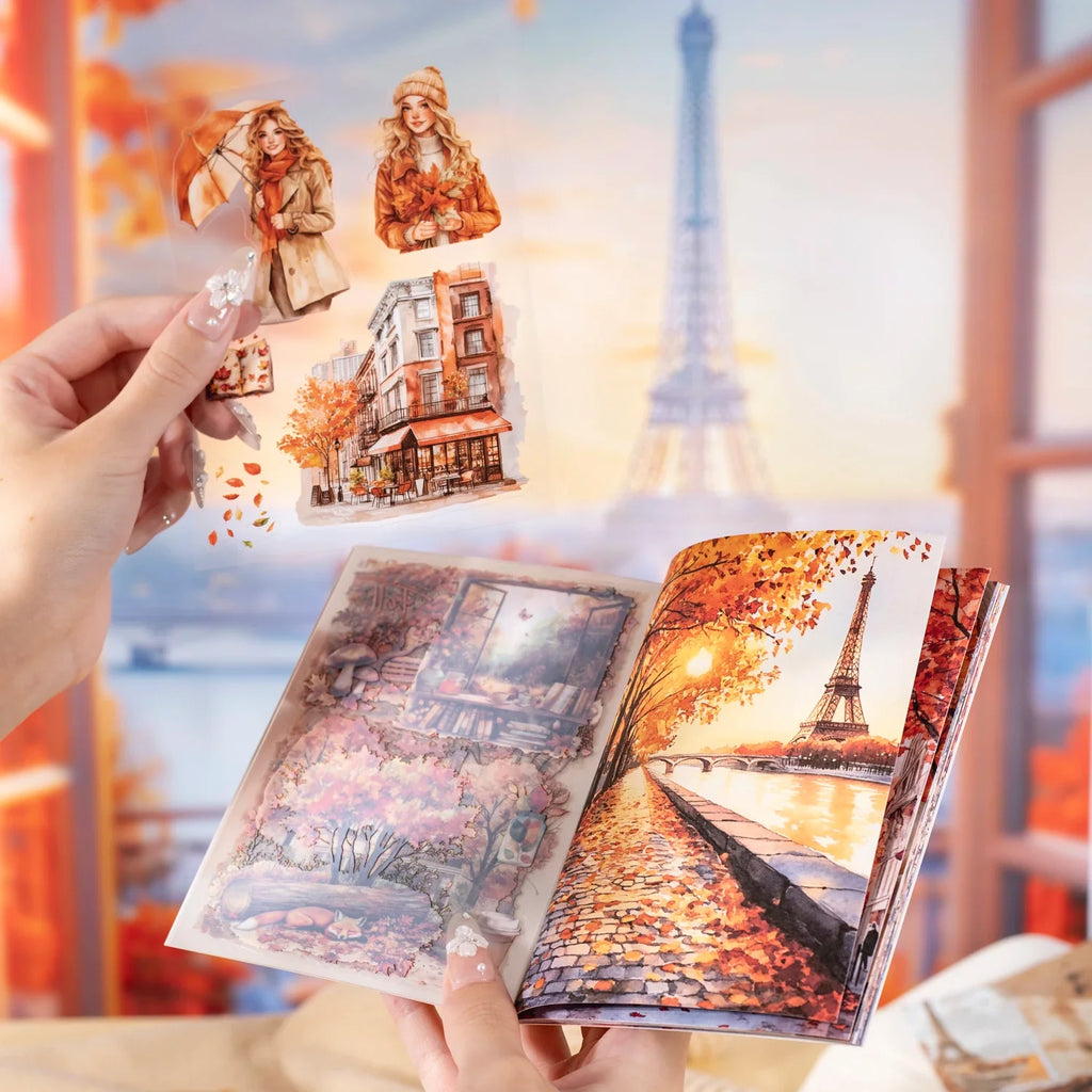 Paris Autumn Travel Sticker Book – 20 Sheets Dual Material Decorative Sticker Book Qme
