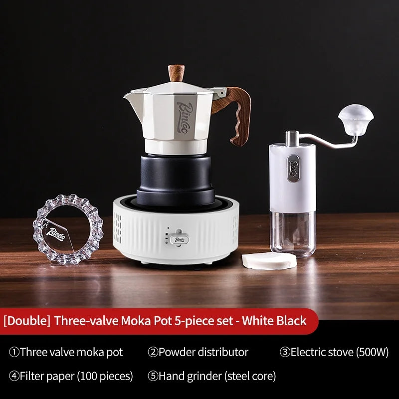 Bincoo 3-Valve Moka Pot Espresso Set with Grinder & Stove Espresso Coffee Set Qst WHITE