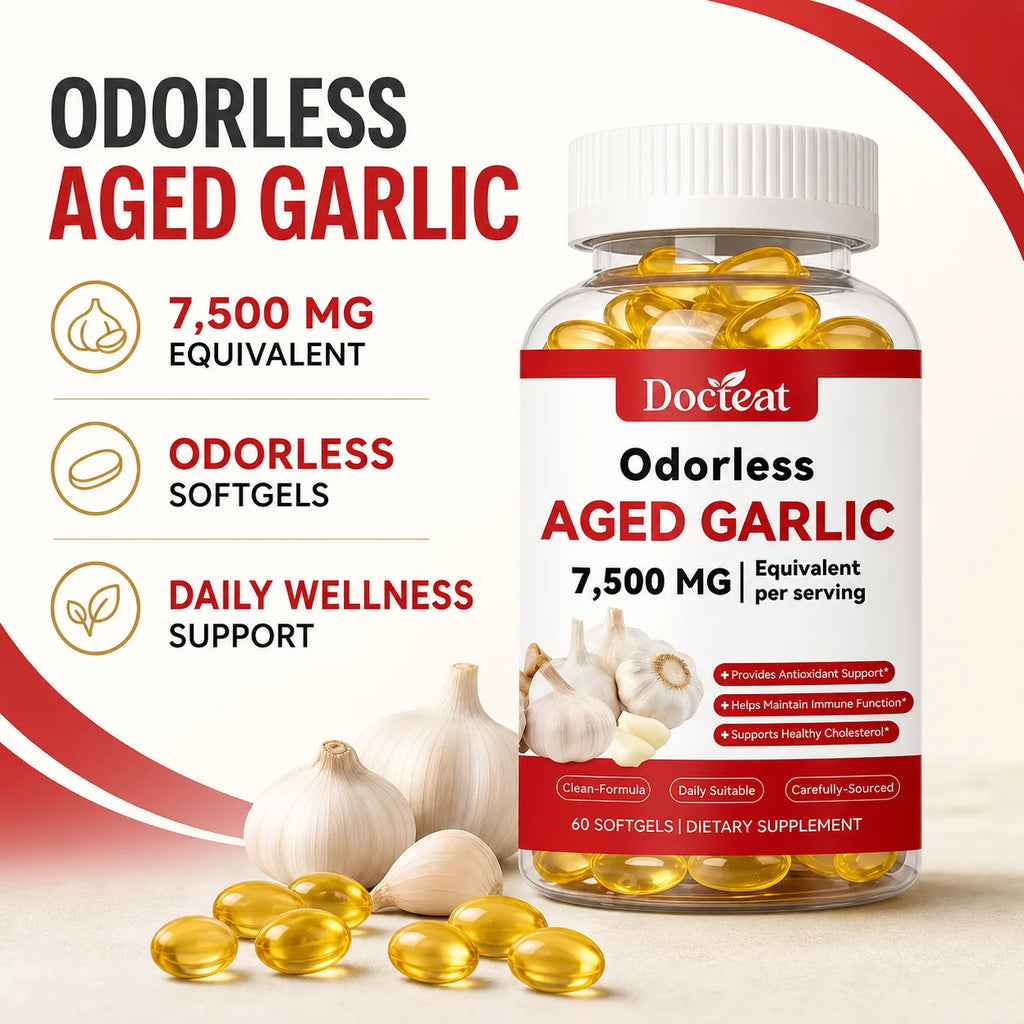 Docteat Odorless Aged Garlic Softgels – Antioxidant, 60ct Garlic Supplement Qst