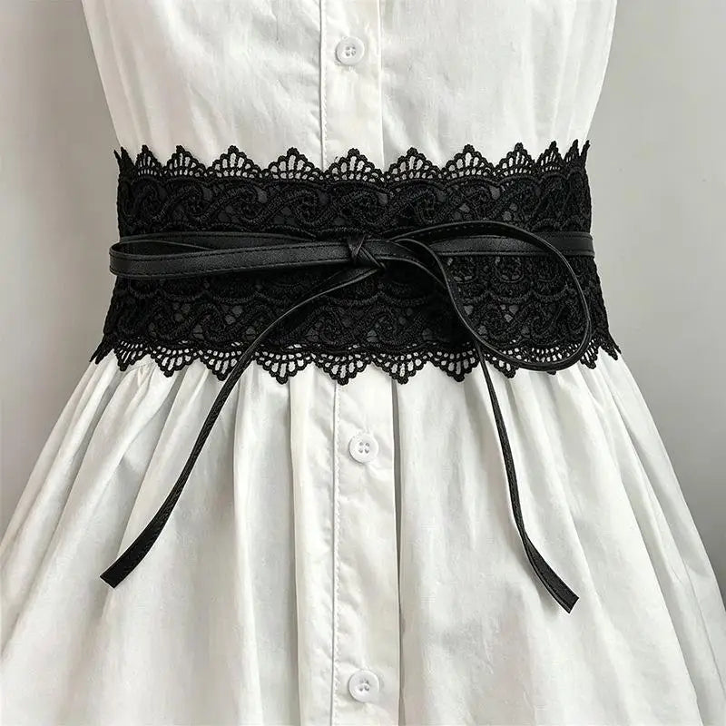 Vintage Boho Lace Bow Wide Waist Belt – Scalloped Edge Wide Waist Belt Qst A2