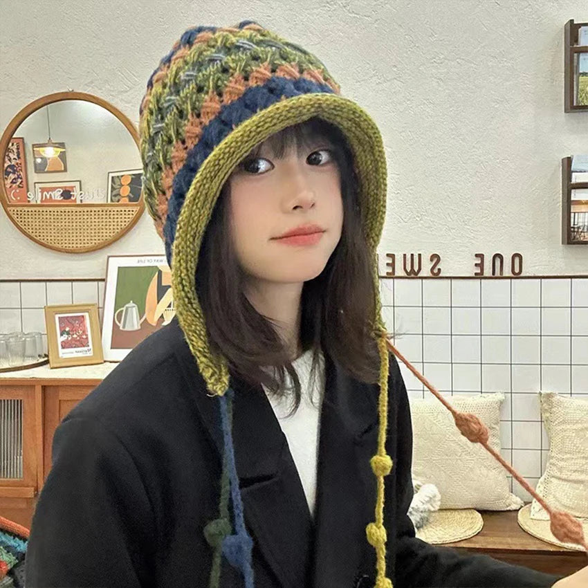 Women's Winter Knitted Beanie – Rainbow Striped Tassel Pom Hat Knitted Winter Beanie Qst