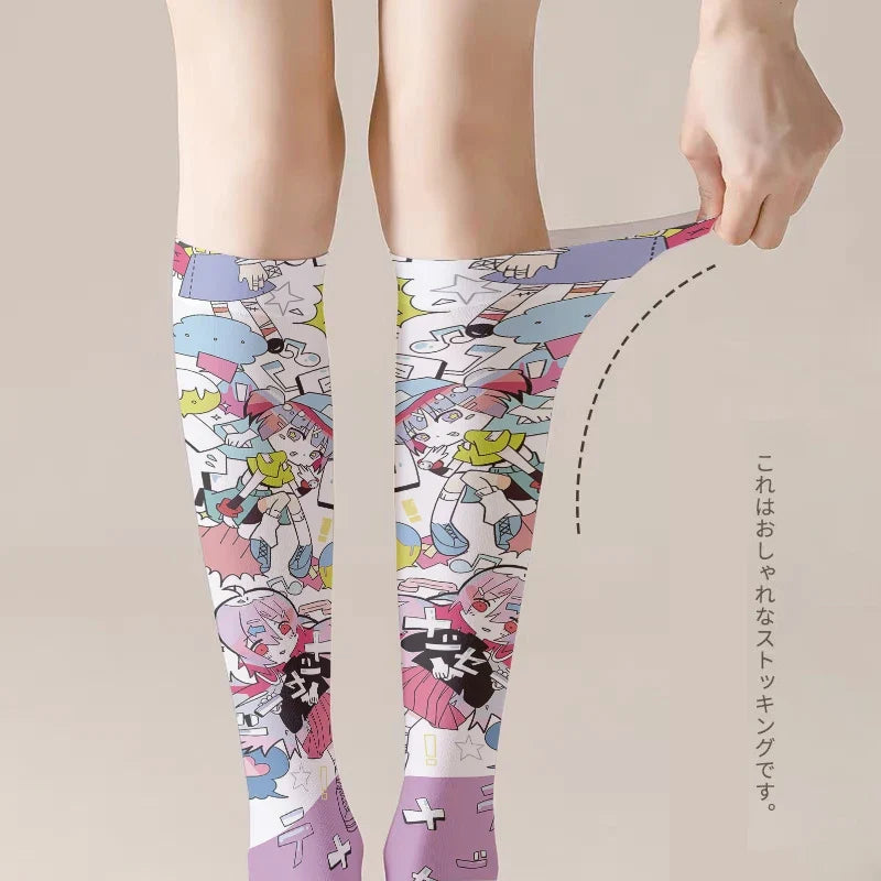 Women's Anime Cartoon Print Mid-Tube Stockings – 6 Colors Printed Calf Stockings Qme