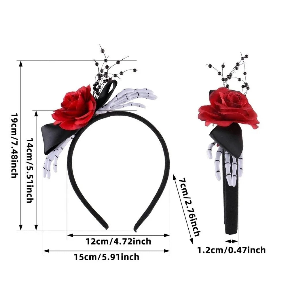 Red Rose Skeleton Hand Headband – Gothic Flower Hairband Halloween Headband Qme