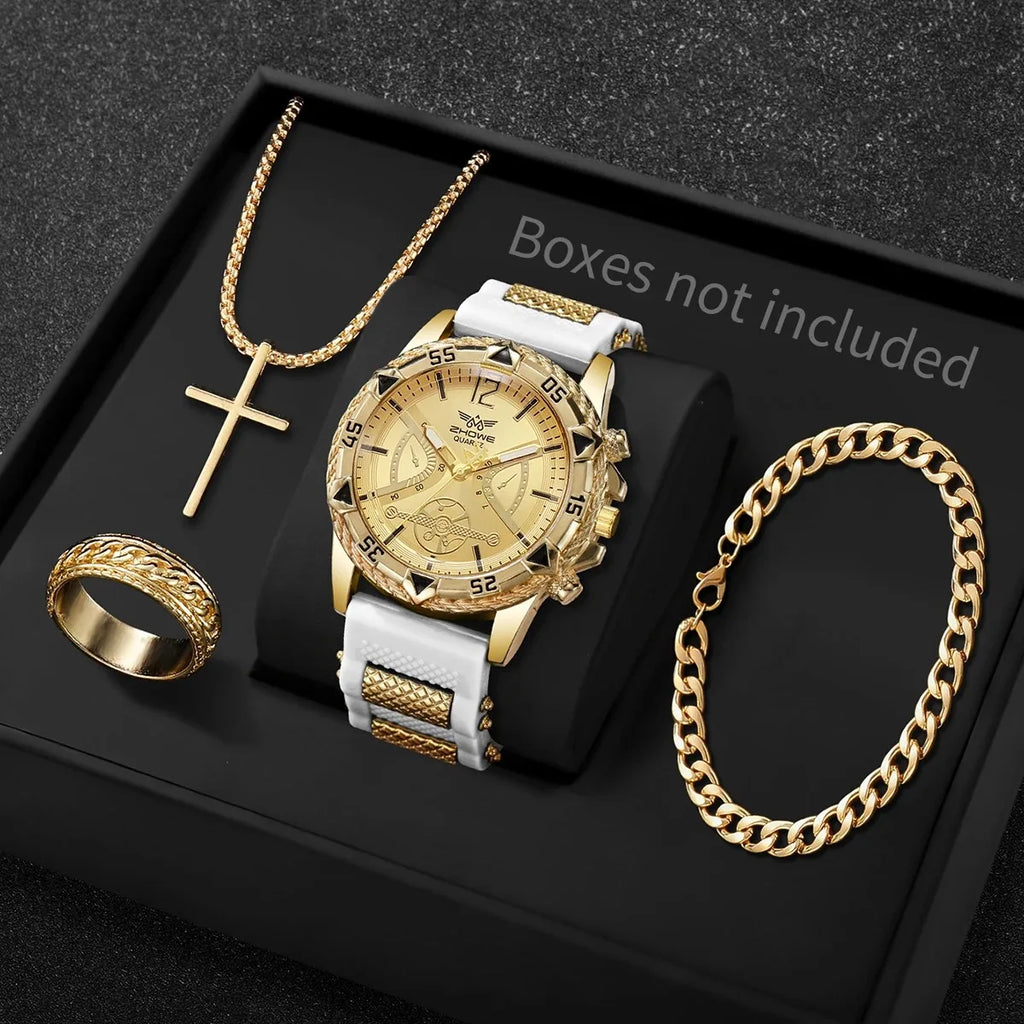 Men's Big Dial Quartz Watch Cross Necklace Bracelet Ring Set Men's Jewelry Set Qme