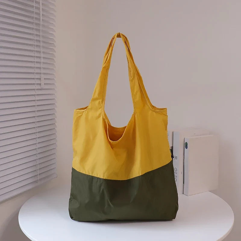 Foldable Color-Block Patchwork Shopping Bag | Eco-Friendly Foldable Tote Bag Qme Yellow one size