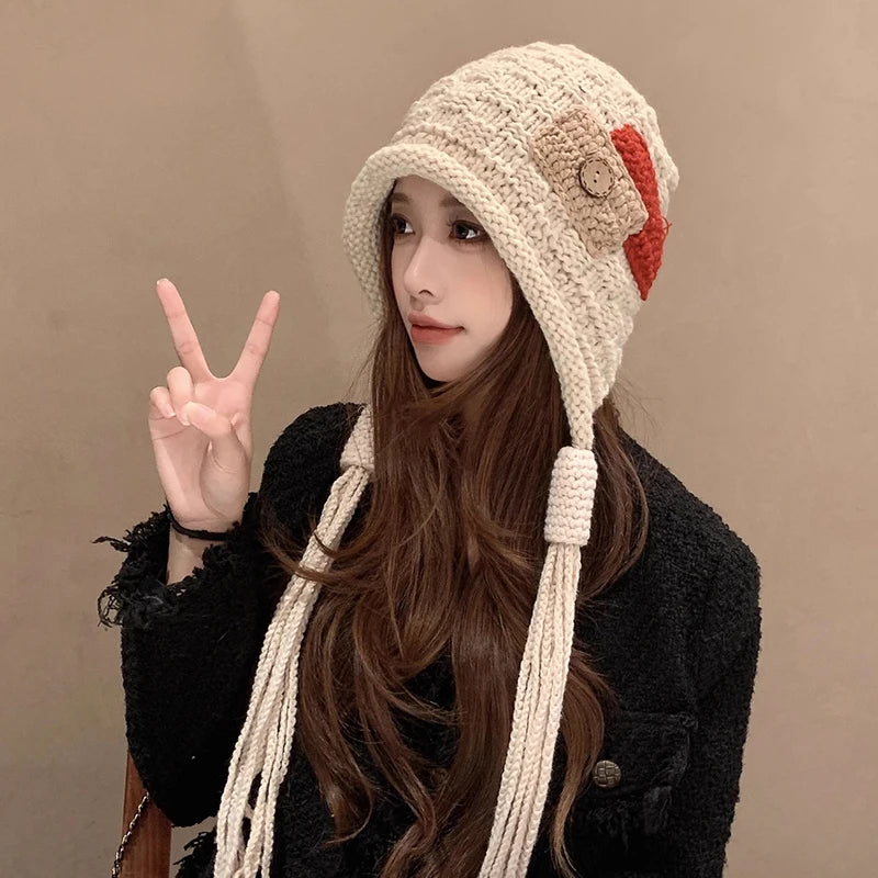 Women's Handmade Braided Knit Tassel Hat – Winter Beanie Knit Winter Hat Qst Apricot