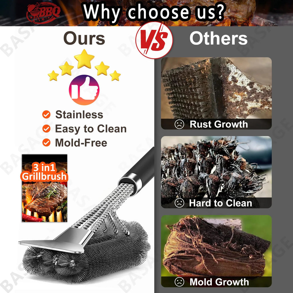 Stainless Steel BBQ Grill Cleaning Brush & Scraper Tool BBQ Grill Brush Qme