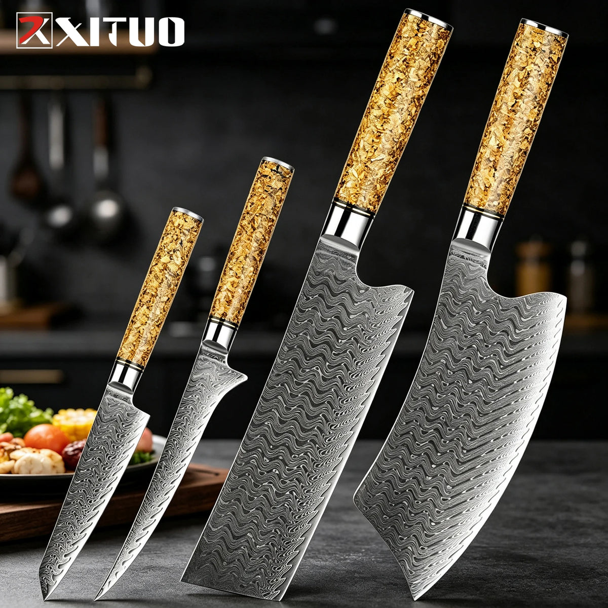 XITUO Damascus Steel Kitchen Knife Set – 4 Piece Professional Kitchen Knife Set Qst 4PCS Knife