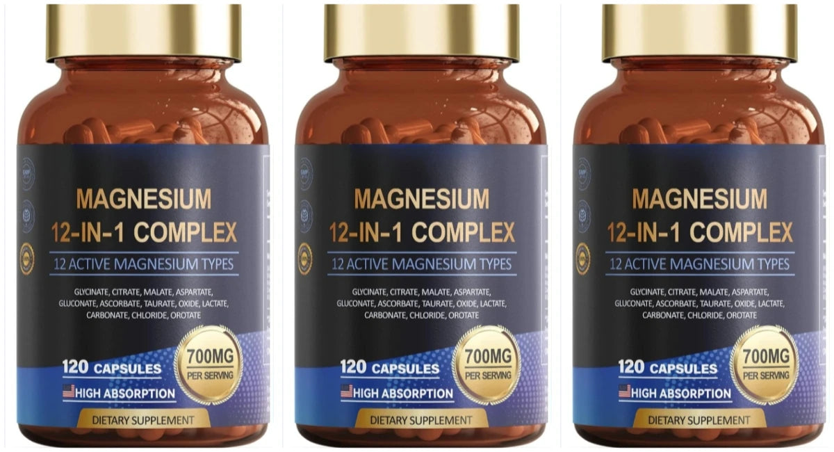 12-in-1 Magnesium Complex 700mg Vegan Capsules – 120 Count Magnesium Supplement Qst 3bottles 360capsules