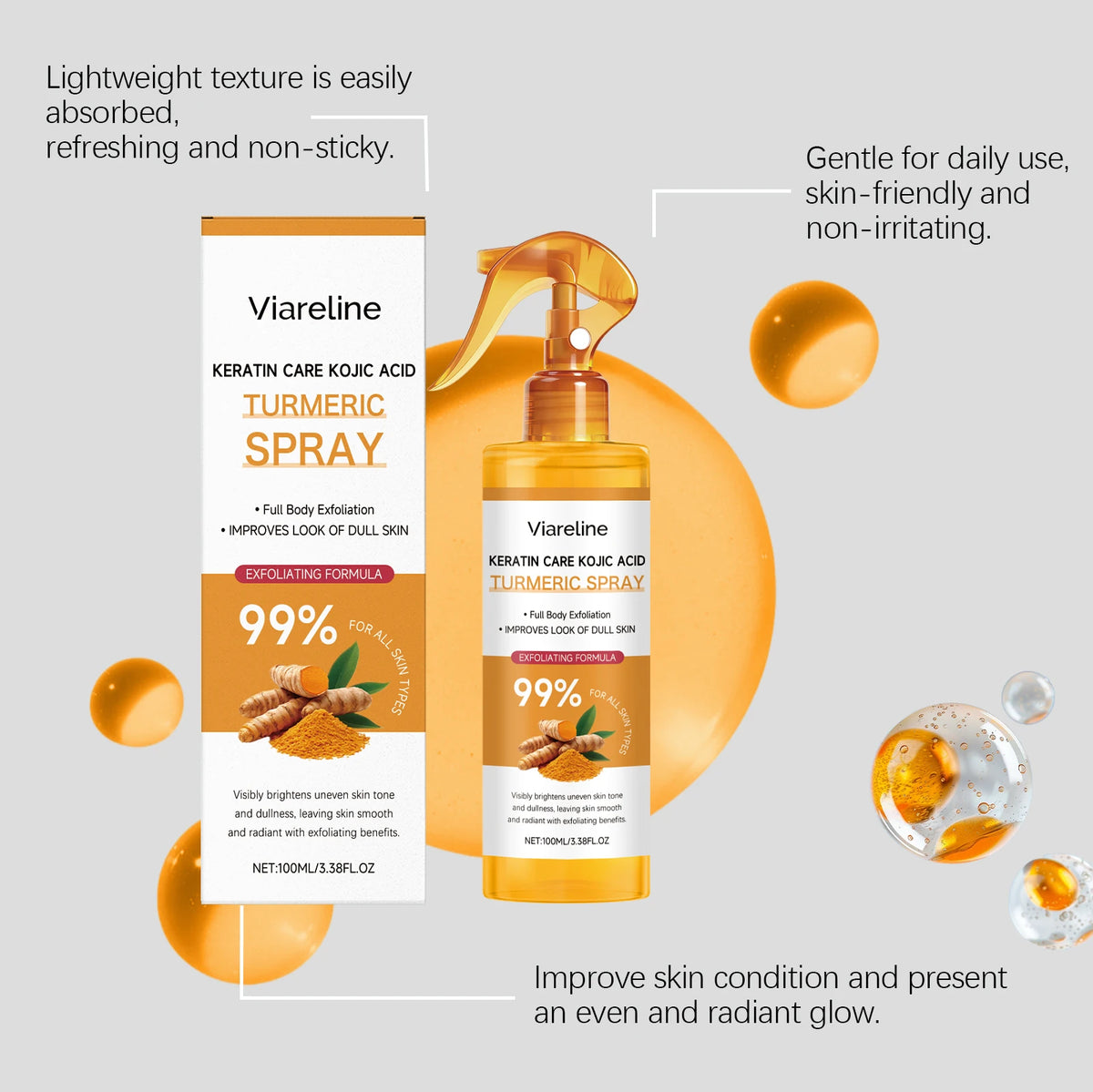VIARELINE Turmeric Body Exfoliating Spray 100ml – Glowing Skin Body Exfoliating Spray Qst