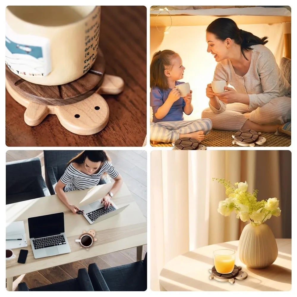 Cute Turtle Wood Tea Coaster | Bamboo Heat-Resistant Mat Drink Coaster Qme