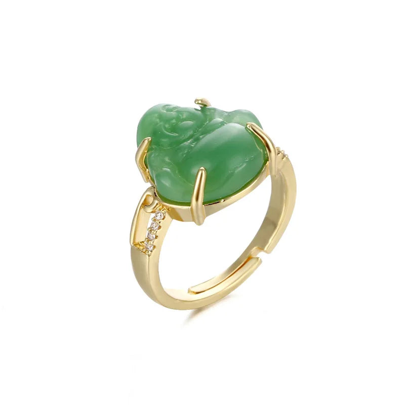 Maitreya Buddha Natural Jade Ring – Adjustable Unisex Natural Stone Ring Qme
