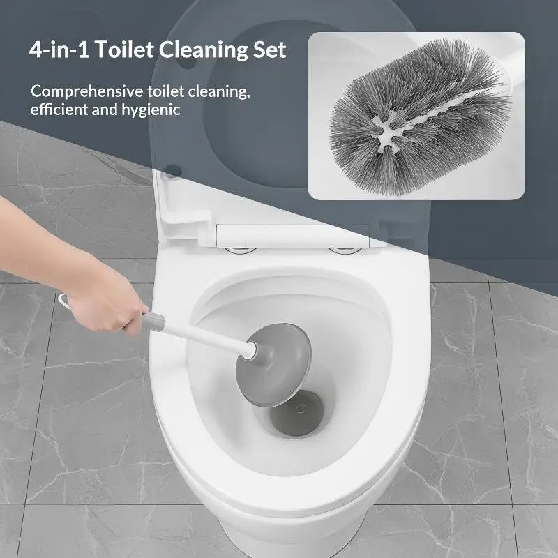 Wall Mounted 4-in-1 Toilet Brush & Plunger Set with Holder Toilet Cleaning Set Qst