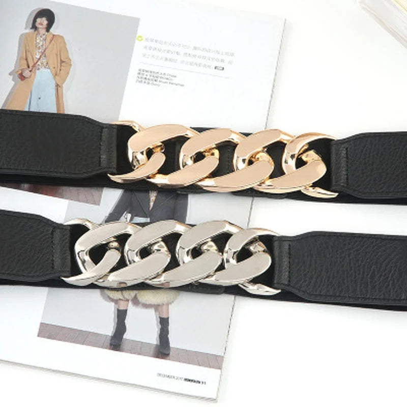 Women's Elastic Wide PU Leather Chain Buckle Rivet Belt Wide Fashion Belt Qme