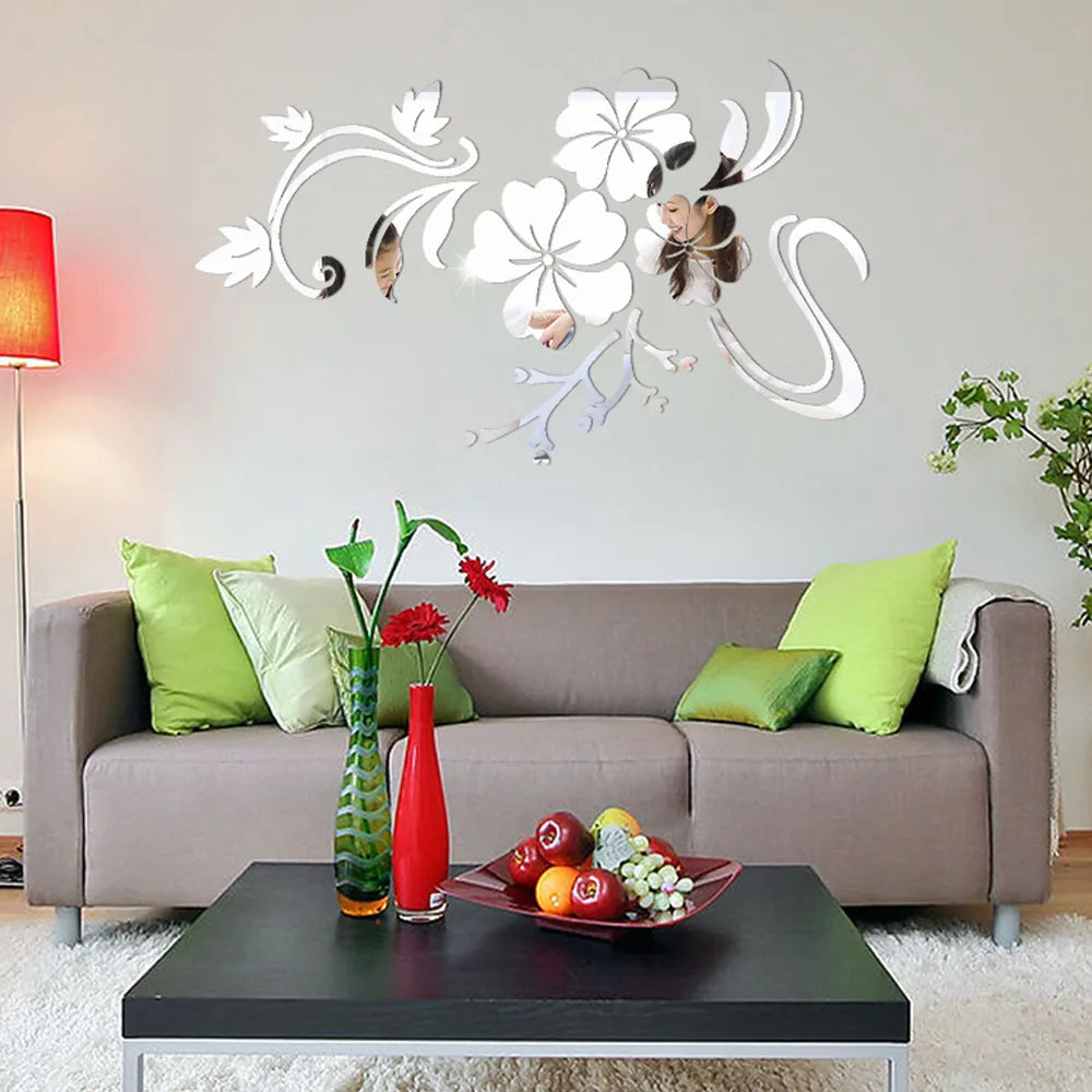 3D Mirror Floral Acrylic Wall Sticker – Removable Mural Decal Acrylic Wall Decal Qme