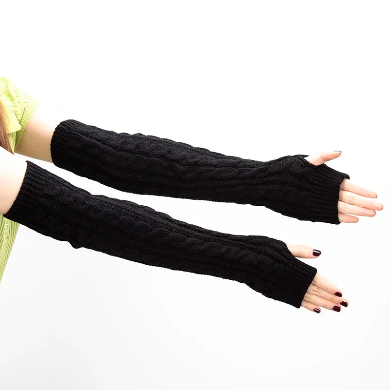 Women's Knitted Long Fingerless Arm Warmers – Winter Mittens Fingerless Arm Warmers Qme black Length -50cm