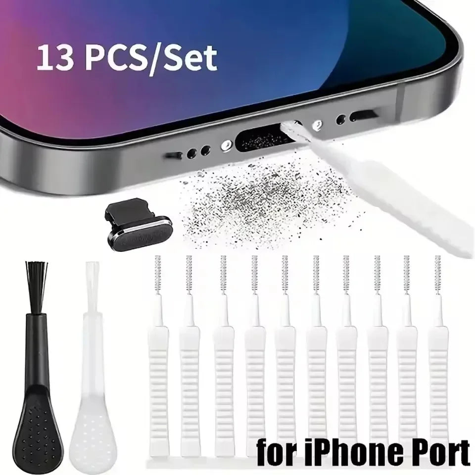 13-Pc Phone Charging Port Dust Plug & Cleaning Brush Set Phone Port Cleaning Kit Qme 13PCS Set For Iphone