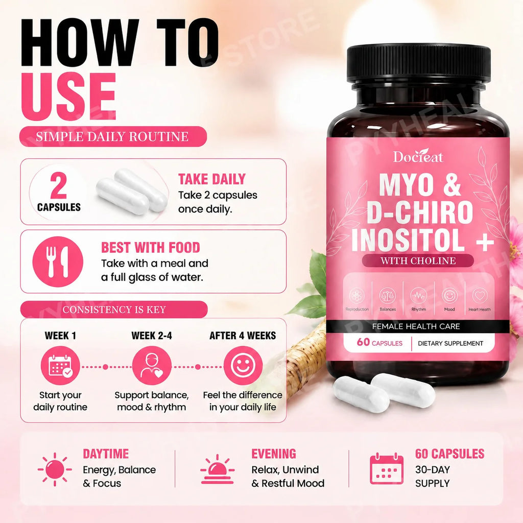 Myo-Inositol & D-Chiro Inositol + Choline Capsules – 60ct Inositol Supplement Qst