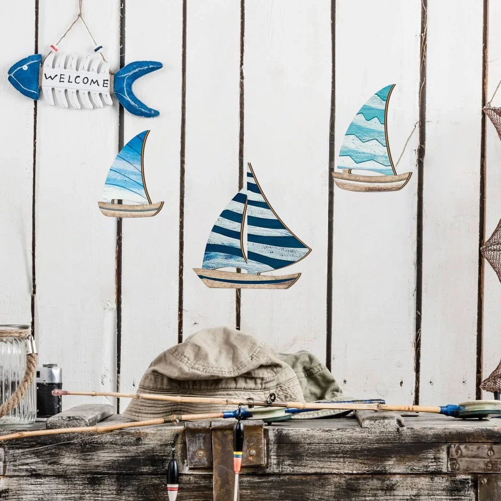 2D Wooden Sailboat Wall Decor | Coastal Mediterranean Style Wooden Wall Decor Qme