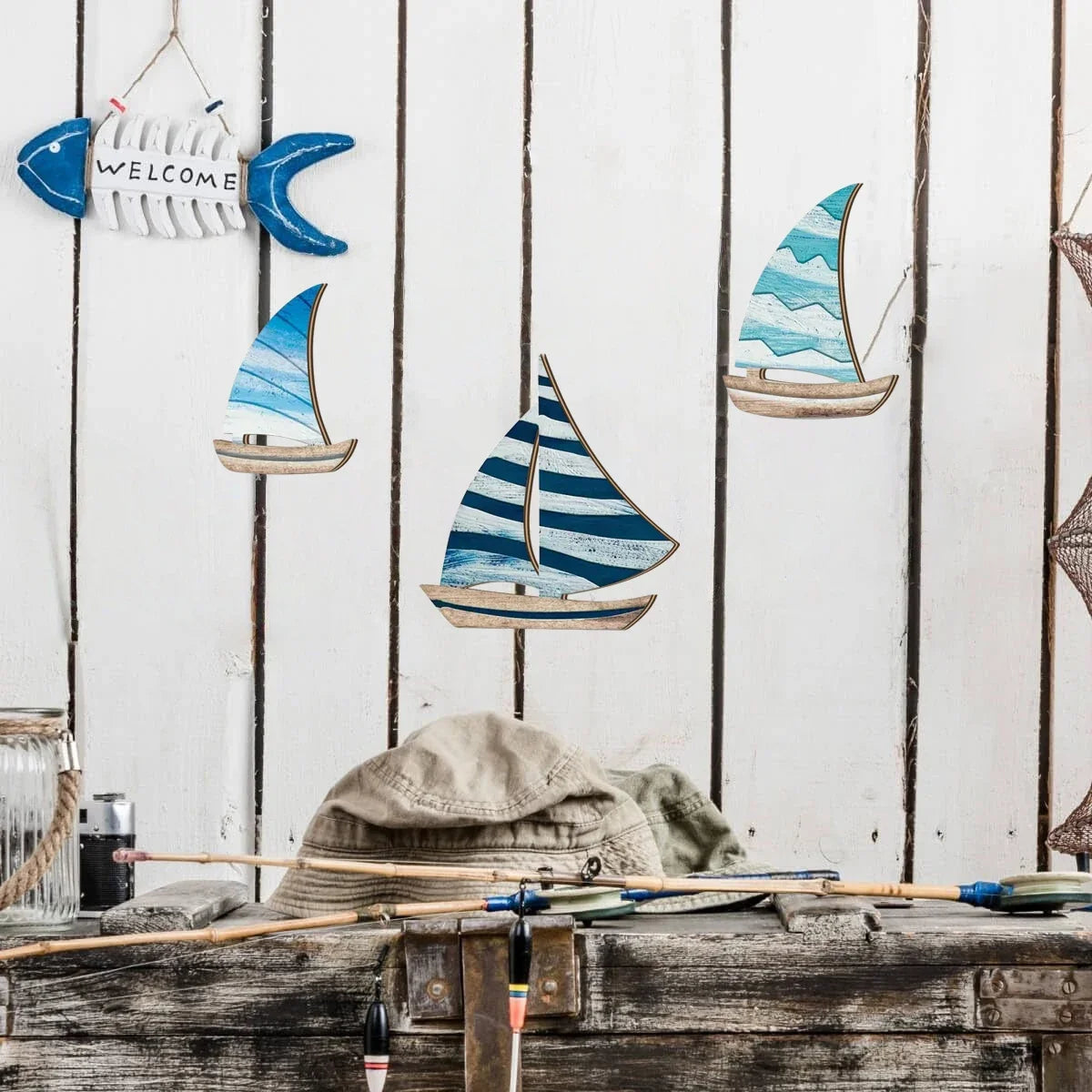 2D Wooden Sailboat Wall Decor | Coastal Mediterranean Style Wooden Wall Decor Qme