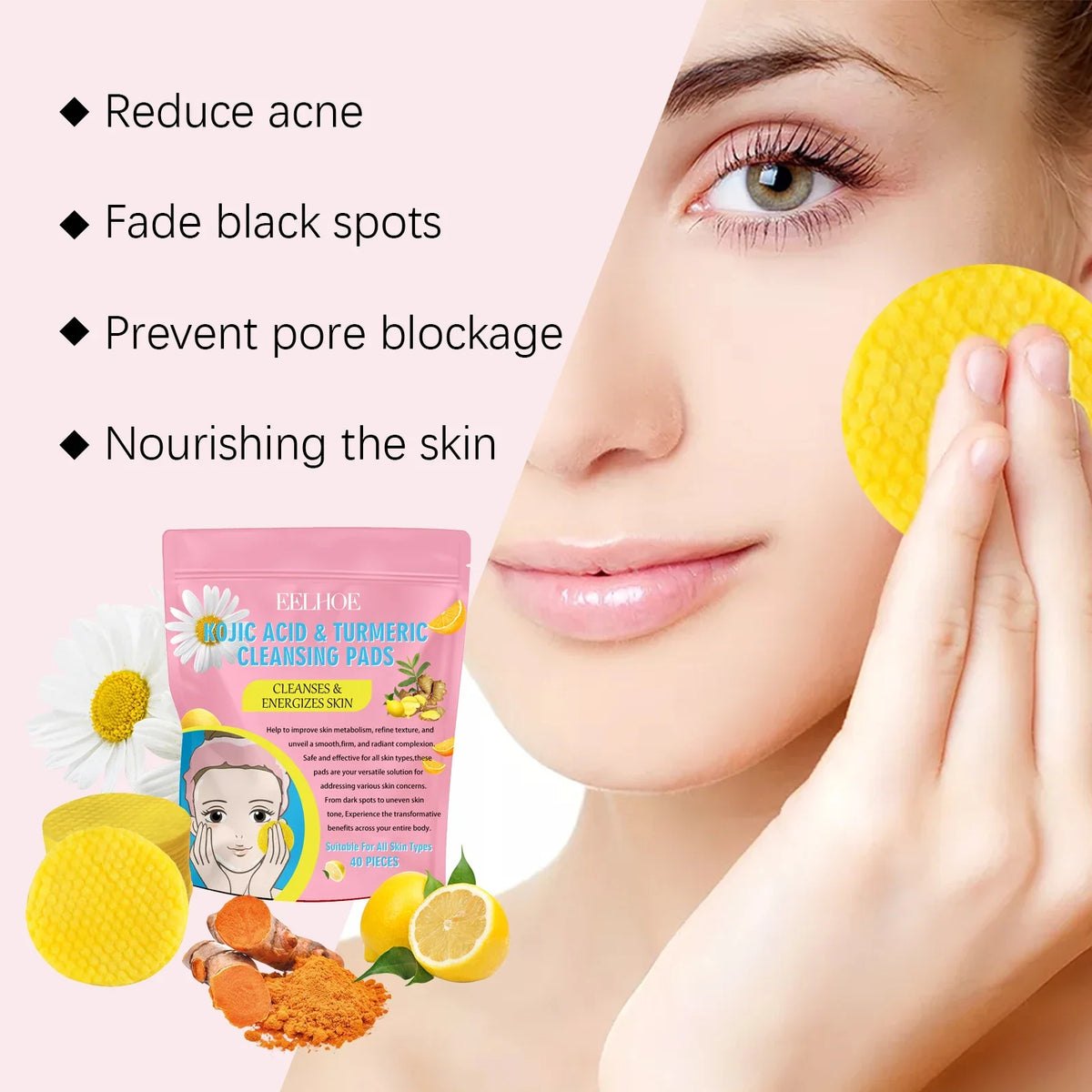 Turmeric Kojic Acid Exfoliating Cleansing Pads – 40 Pack Exfoliating Cleansing Pads Qme