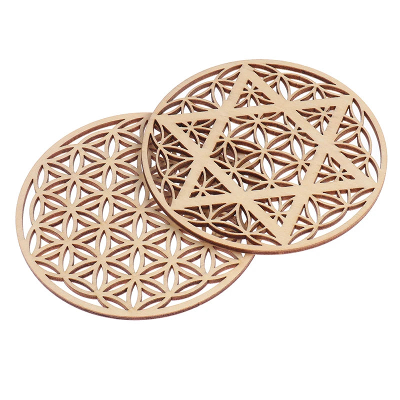 Chakra Flower Carved Natural Wood Coaster – 10cm Round Wood Coaster Qst