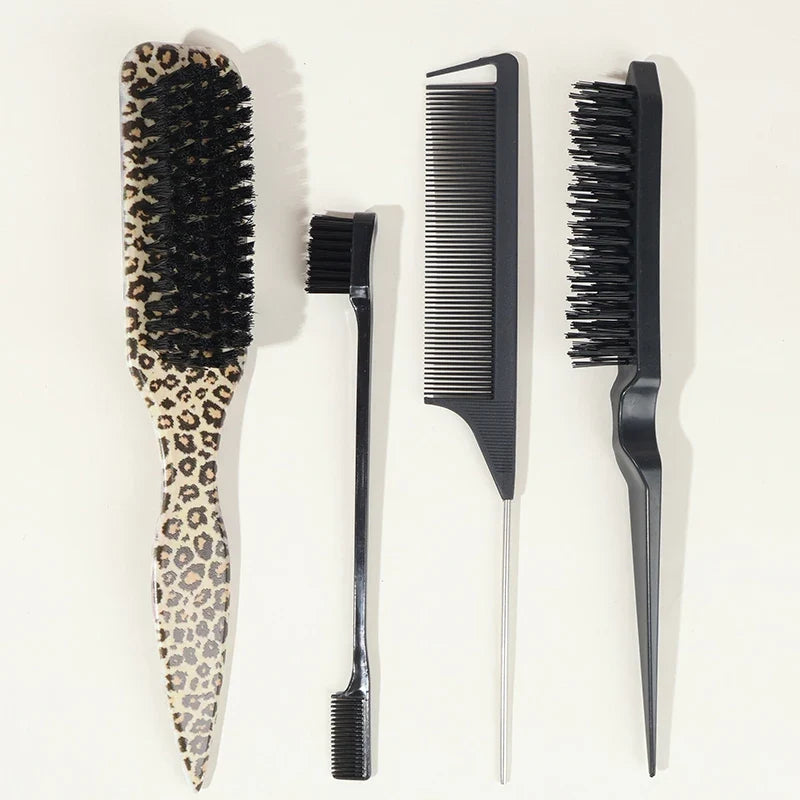 Boar Bristle Hair Brush – Sleek Ponytail, Bun & Slick Back Boar Bristle Hair Brush Qme 4PCS Leopard Set