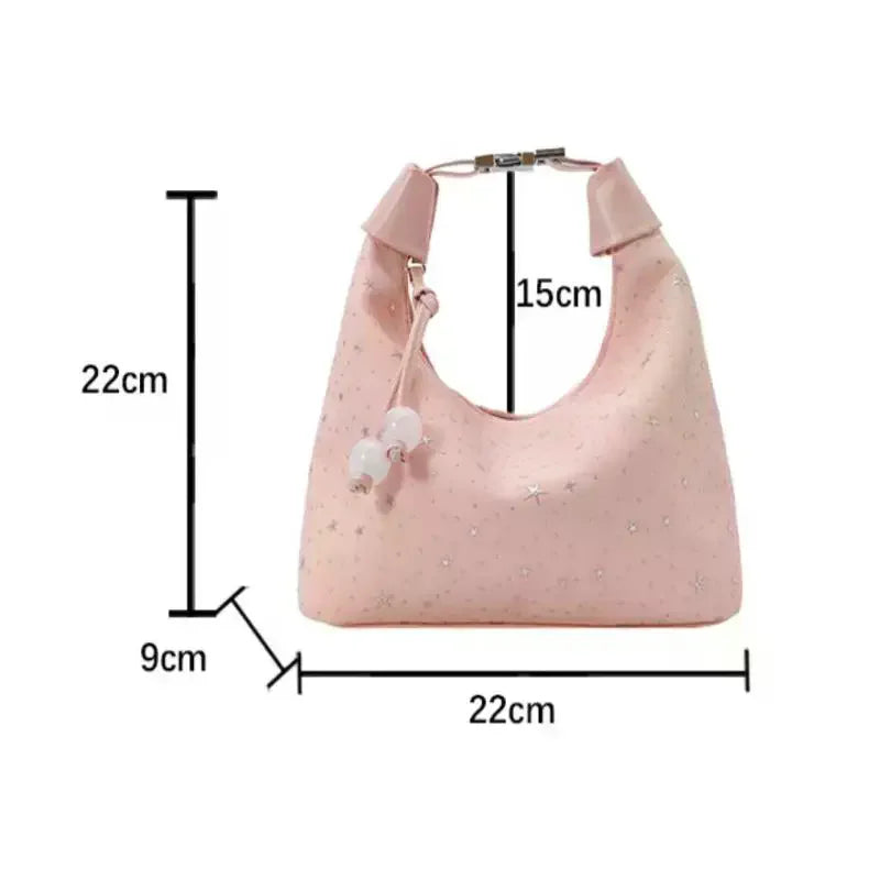 Sweet Sparkling Stars Nylon Shoulder Bag with Pearl Pendant Crossbody Shoulder Bag Qme