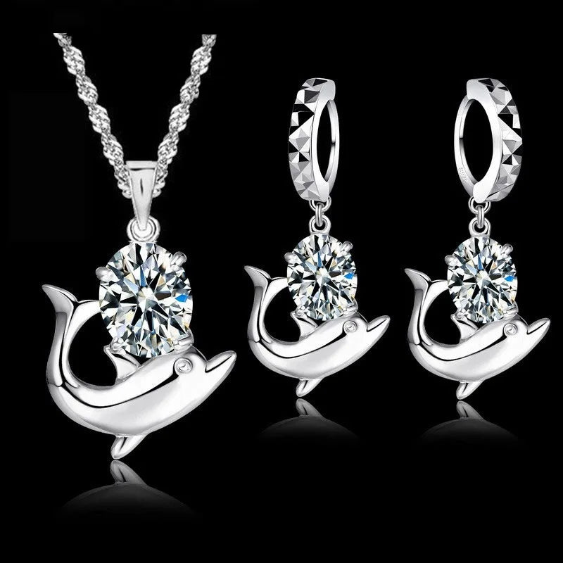 925 Sterling Silver Dolphin Pendant Necklace | Austrian Crystal Sterling Silver Necklace Qme Default Title