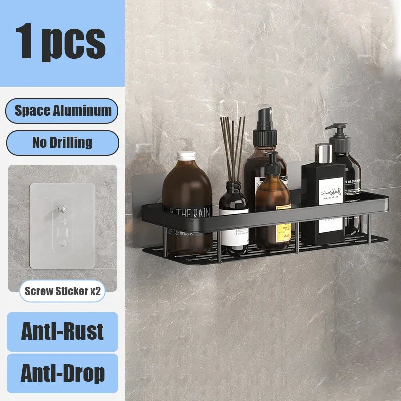 Aluminum Bathroom Storage Rack – No-Damage Wall Organizer Bathroom Wall Organizer Qme trangle-black