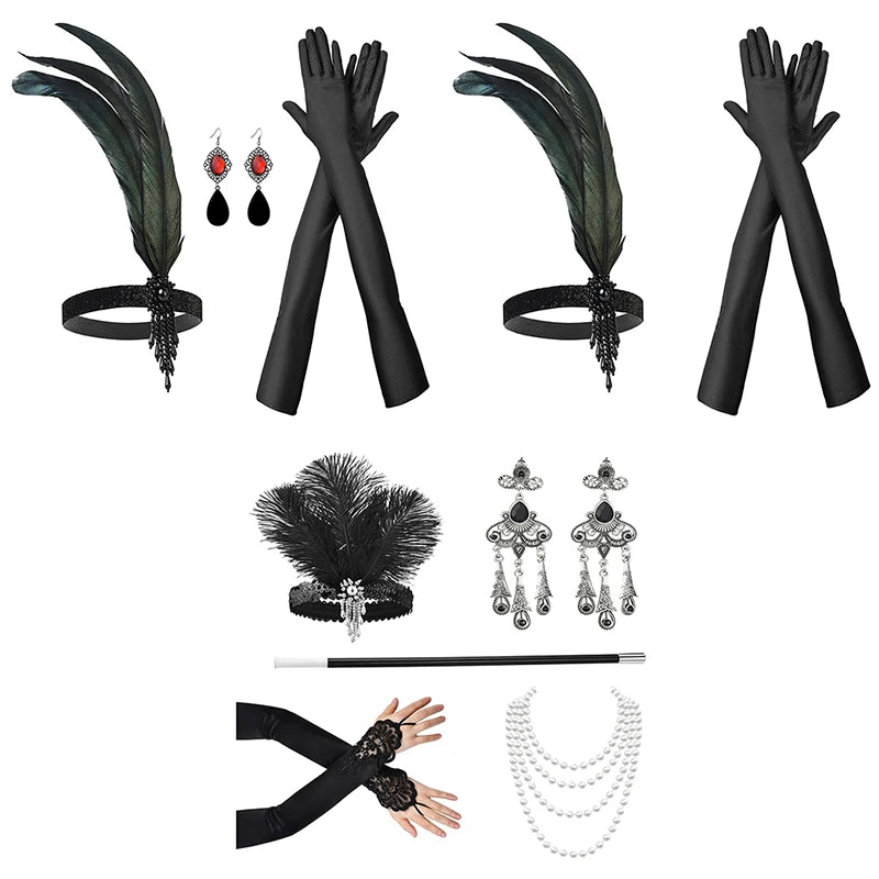 1920s Flapper Costume Set – Headband, Pearl Necklace & Gloves Costume Accessory Set Qst