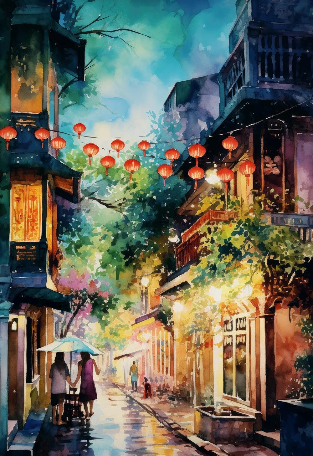 Vietnamese Village Canvas Wall Art – Vintage Watercolour Print Canvas Wall Art Qst 8 30x40cm Unframed