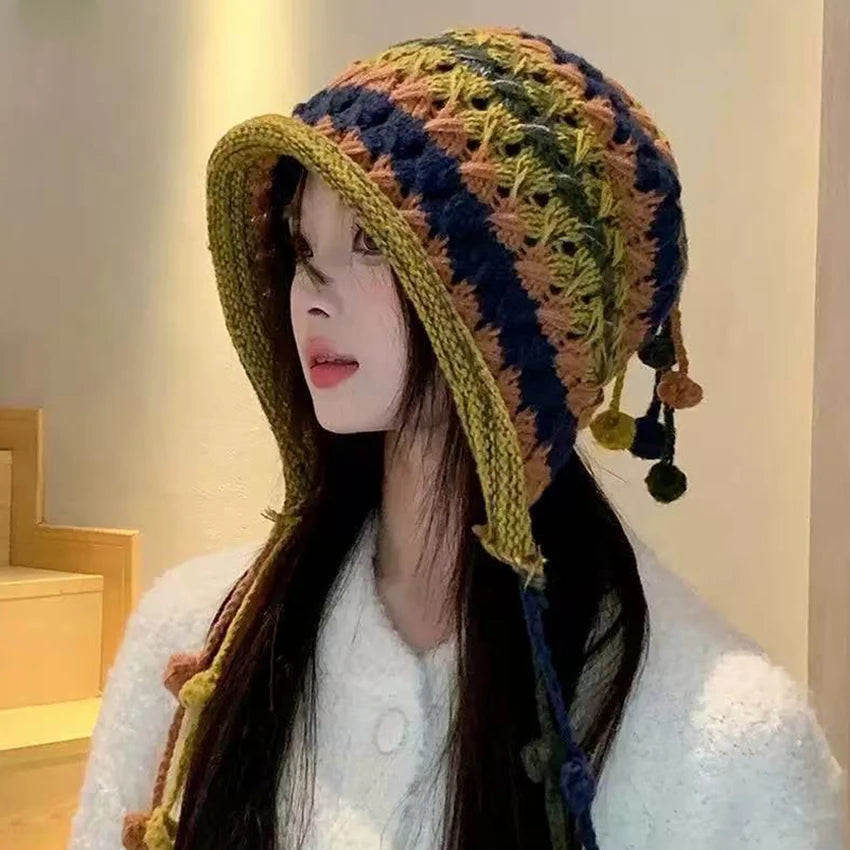 Women's Winter Knitted Beanie – Rainbow Striped Tassel Pom Hat Knitted Winter Beanie Qst