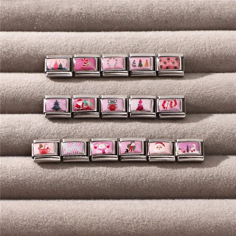 Pink Christmas Charms – Santa, Snowman, Tree, Elk & Wreath Holiday Charm Jewelry Qme